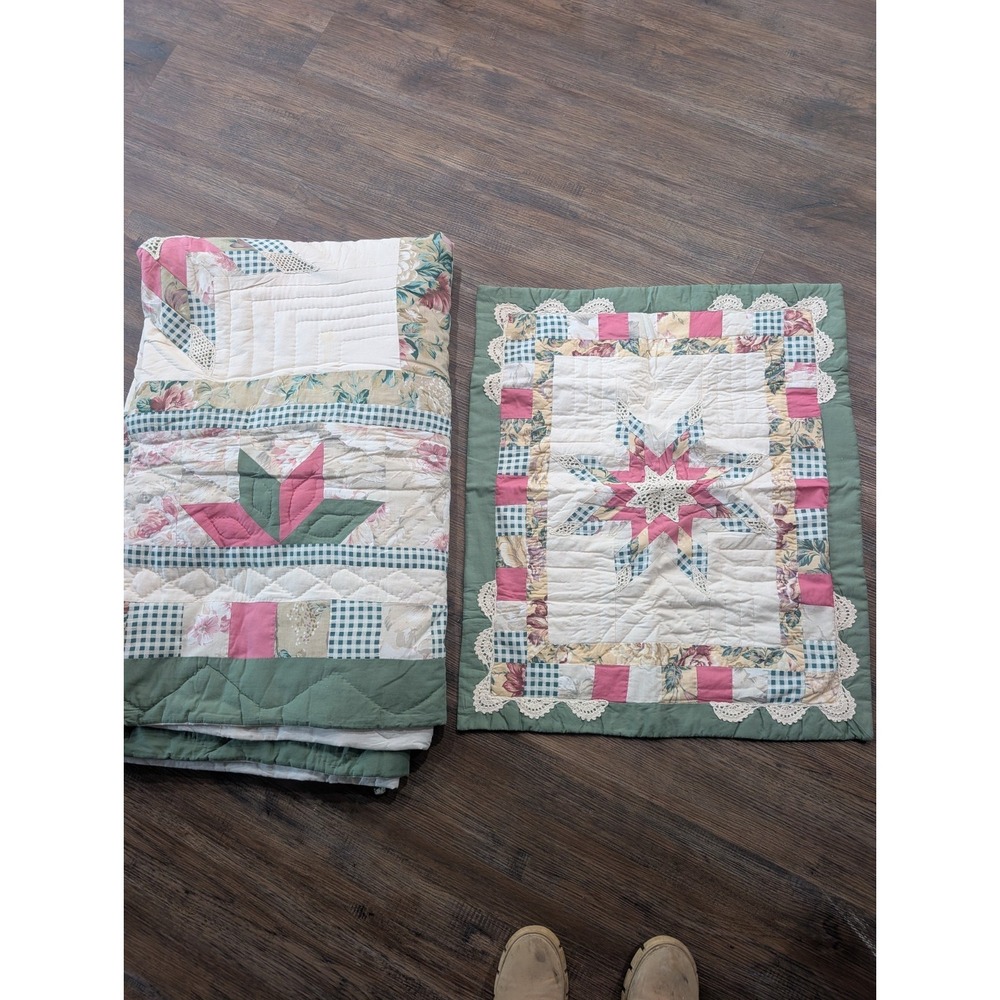 VTG patchwork quilt & Sham  pink green star pattern Crochet Accent Twin Size